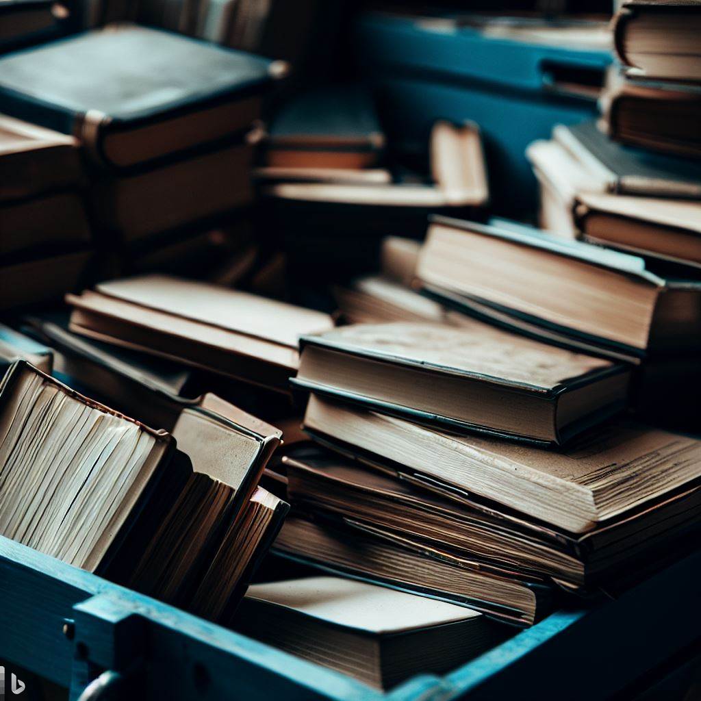 A blue crate full of books